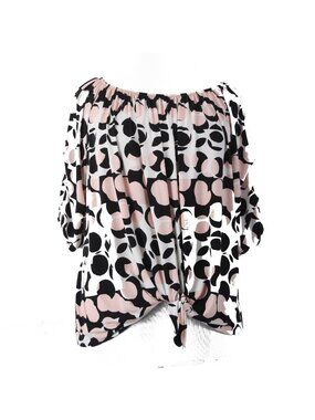 Joseph Ribkoff Top Sz 18 Black Pink Multi Colored Tie Front Ruffle Shoulders Top